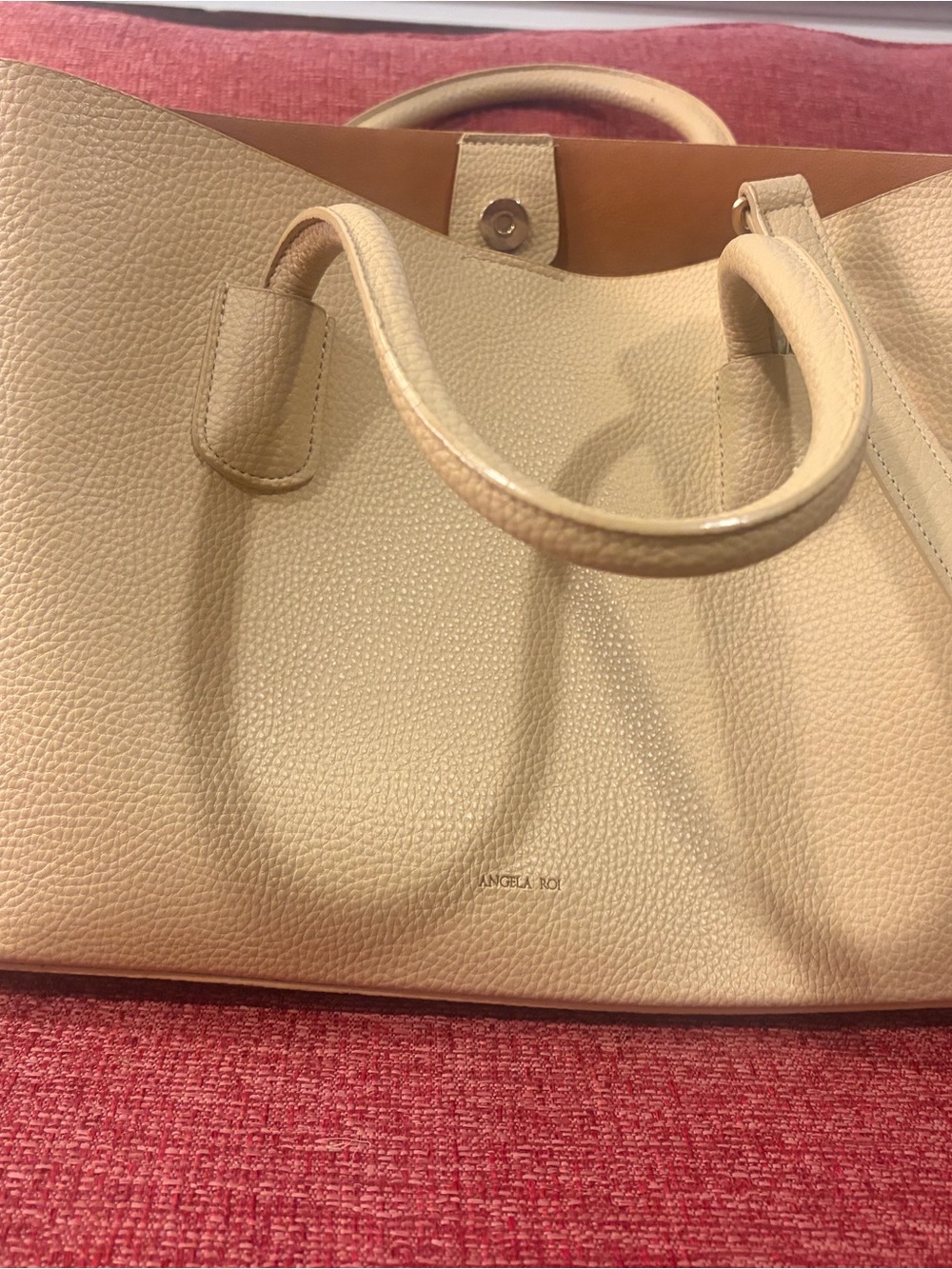 Angela Roi Cream and Tan Pebbled Began Leather Tote